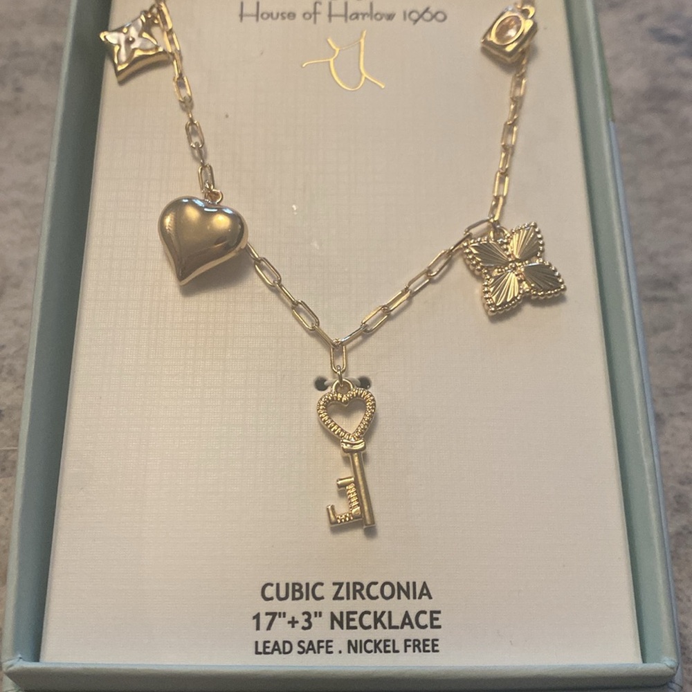 House of Harlow Gold Charm Cubic Zirconia Necklace Key 17” - Picture 3 of 4